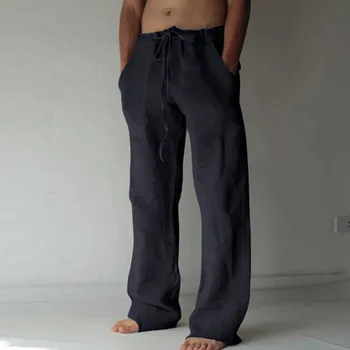 Vyriški Medvilnės, Lino Kelnės Vasaros vientisos Spalvos Kvėpuojantis Lininės Kelnės Atsitiktinis Vyras Elastinga Juosmens Fitneso Kelnės Hip-Hop Streetwear Nuotrauka 1