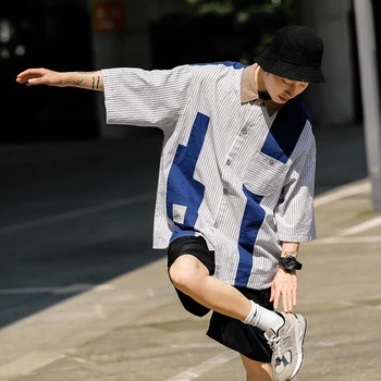 2023 Vasaros Japonų Stiliaus Vyrų Marškinėliai Street Dryžuotas Trumpomis Rankovėmis Kratinys Mados, Naujo Dizaino Minkšta Kišenės Nuotrauka 1