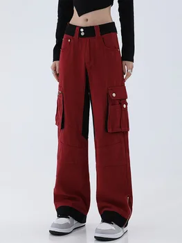 Raudona Krovinių Kelnės Kišenės Moterų Baggy Kelnės 2022 M. Rudenį Streetwear Fairycore Negabaritinių Kelnes Derliaus Atsitiktinis Mados Sweatpants Nuotrauka 1