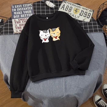 Korėjos Streetwear Negabaritinių Hoodie Moterų Ullzang Funny Cat Animacinių filmų Grafika Palaidinukė Harajuku ilgomis rankovėmis Atsitiktinis Megztinis Nuotrauka 1
