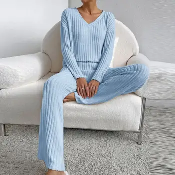 Moterų Megzti Loungewear Nustatyti Laisvas Ilgomis Rankovėmis Megztinis Tiesios Kelnės Lankelis Pižama Loungewear Pajama Nustatyti 2 Vienetų Komplektas Nuotrauka 1