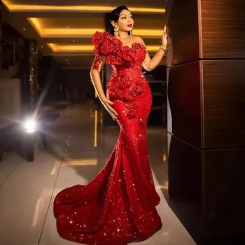 Putojantis Raudona Aso Ebi Prom Dresses su 3D Rankų darbo Gėlės Blizga China Puošnios Nėrinių Vestuves Chalatai Afrikos Oficialų Suknelė Nuotrauka 1