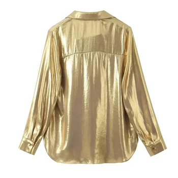TRAF 2023 Aukso Moterų Marškinėliai Rudenį Long Sleeve Top Moterų Streetwear Mygtuką Iki Marškinėliai Moterims Prarasti Elegantiškas Ir Jaunimo Moteris, Palaidinukės Nuotrauka 1