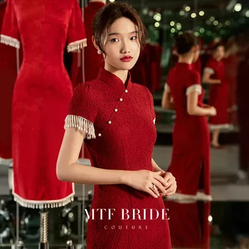 Plus Size Kinijos Tradicinės Seksualus Cheongsam Taurę Suknelė Nuotaka Šiuolaikinės Rudens Retro Red Vestuvės Vestuvinis Vakarinę Suknelę Qipao Nuotrauka 2
