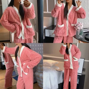 Rudenį, Žiemą Kawaii Animacinių Filmų Pajama Komplektai Moterų Pižamos Šiltas Flanelė Loung Sleepwear Mergina Pijama Mujer Naktį Kostiumai Homewear Nuotrauka 2