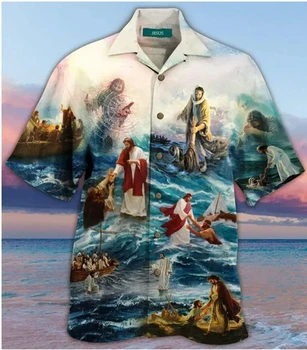 Dievas Jėzus Marija Havajų Marškinėliai Vyrams Nukryžiuotas Religijos 3D Spausdinimo Harajuku Atsitiktinis Trumpas Rankovės Mados Viršų Unisex Drabužiai Nuotrauka 2