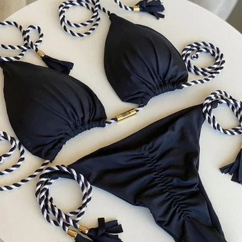 Kaklaraištis Juosmens Moterų maudymosi kostiumėlį, Seksualus Bikini Kietas Paplūdimio Vasaros Maudymosi Kostiumą, Push Up maudymosi Kostiumėliai, Aukštos Sumažinti Thong Bikini Rinkiniai LS0008 Nuotrauka 2