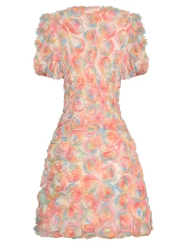 ZJYT Prabangus Elegantiškas 3D Gėlių Mini Šaliai, Suknelės Moterims 2023 Vasarą Dizaineris Saldus Gazas Vakaro Suknelė trumpomis Rankovėmis Vestidos Nuotrauka 2