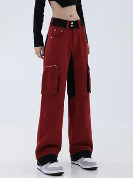 Raudona Krovinių Kelnės Kišenės Moterų Baggy Kelnės 2022 M. Rudenį Streetwear Fairycore Negabaritinių Kelnes Derliaus Atsitiktinis Mados Sweatpants Nuotrauka 2