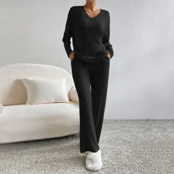 Moterų Megzti Loungewear Nustatyti Laisvas Ilgomis Rankovėmis Megztinis Tiesios Kelnės Lankelis Pižama Loungewear Pajama Nustatyti 2 Vienetų Komplektas Nuotrauka 2