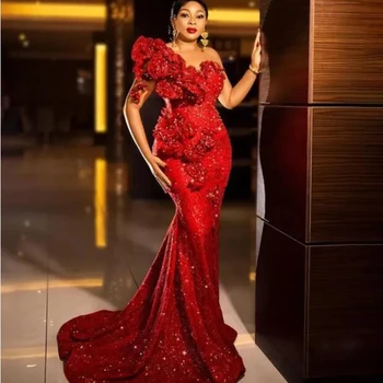 Putojantis Raudona Aso Ebi Prom Dresses su 3D Rankų darbo Gėlės Blizga China Puošnios Nėrinių Vestuves Chalatai Afrikos Oficialų Suknelė Nuotrauka 2