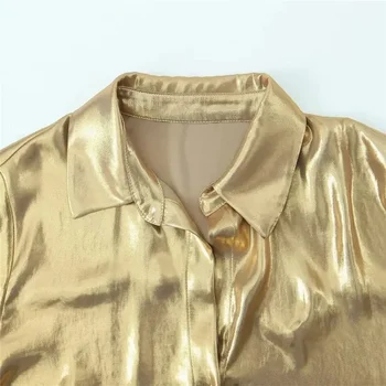 TRAF 2023 Aukso Moterų Marškinėliai Rudenį Long Sleeve Top Moterų Streetwear Mygtuką Iki Marškinėliai Moterims Prarasti Elegantiškas Ir Jaunimo Moteris, Palaidinukės Nuotrauka 2