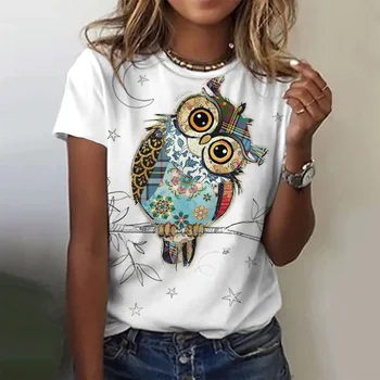 2023 Naujas 3D Mielas Pelėda Tapybos Modelis Atspausdintas T-shirt Moterims, Vasaros Laisvalaikio Apvalios Kaklo Top marškinėliai Drabužių Nuotrauka 2