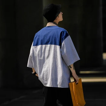 2023 Vasaros Japonų Stiliaus Vyrų Marškinėliai Street Dryžuotas Trumpomis Rankovėmis Kratinys Mados, Naujo Dizaino Minkšta Kišenės Nuotrauka 3