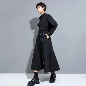 Tamsiai juodos spalvos etninio stiliaus nėrinių sijonas atsitiktinis palaidų-line ilgas sijonas MZ7075079 Nuotrauka 3