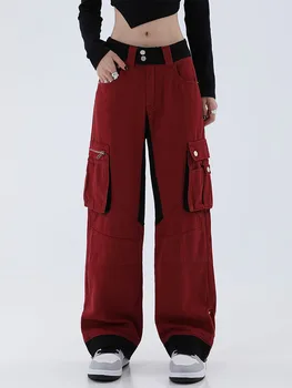Raudona Krovinių Kelnės Kišenės Moterų Baggy Kelnės 2022 M. Rudenį Streetwear Fairycore Negabaritinių Kelnes Derliaus Atsitiktinis Mados Sweatpants Nuotrauka 3