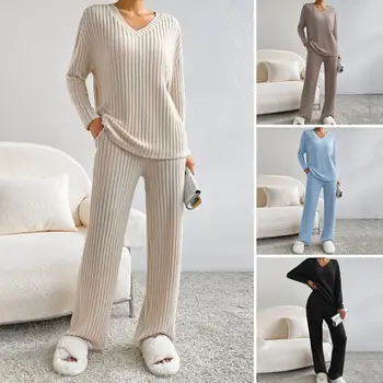 Moterų Megzti Loungewear Nustatyti Laisvas Ilgomis Rankovėmis Megztinis Tiesios Kelnės Lankelis Pižama Loungewear Pajama Nustatyti 2 Vienetų Komplektas Nuotrauka 3