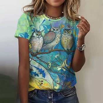 2023 Naujas 3D Mielas Pelėda Tapybos Modelis Atspausdintas T-shirt Moterims, Vasaros Laisvalaikio Apvalios Kaklo Top marškinėliai Drabužių Nuotrauka 3