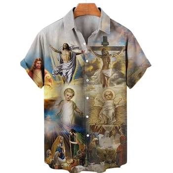 Dievas Jėzus Marija Havajų Marškinėliai Vyrams Nukryžiuotas Religijos 3D Spausdinimo Harajuku Atsitiktinis Trumpas Rankovės Mados Viršų Unisex Drabužiai Nuotrauka 4