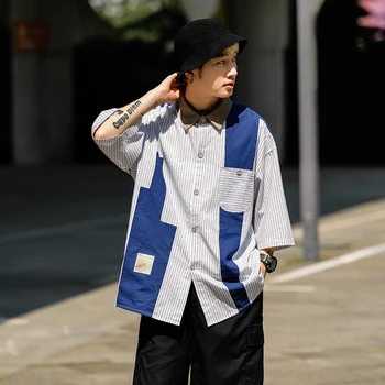 2023 Vasaros Japonų Stiliaus Vyrų Marškinėliai Street Dryžuotas Trumpomis Rankovėmis Kratinys Mados, Naujo Dizaino Minkšta Kišenės Nuotrauka 4