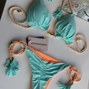 Kaklaraištis Juosmens Moterų maudymosi kostiumėlį, Seksualus Bikini Kietas Paplūdimio Vasaros Maudymosi Kostiumą, Push Up maudymosi Kostiumėliai, Aukštos Sumažinti Thong Bikini Rinkiniai LS0008 Nuotrauka 4