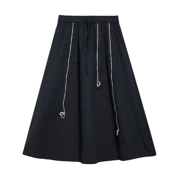 Tamsiai juodos spalvos etninio stiliaus nėrinių sijonas atsitiktinis palaidų-line ilgas sijonas MZ7075079 Nuotrauka 4