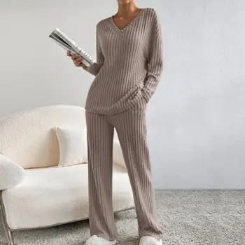 Moterų Megzti Loungewear Nustatyti Laisvas Ilgomis Rankovėmis Megztinis Tiesios Kelnės Lankelis Pižama Loungewear Pajama Nustatyti 2 Vienetų Komplektas Nuotrauka 4
