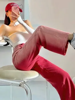 ADAgirl Raudonos spalvos Džinsinis Platus Kojų Kelnės Y2k Streetwear Gradiento Spalvos Aukštos Juosmens Džinsai Moterims korėjos Mados Tiesiai Ilgas Kelnes Naujos Nuotrauka 4