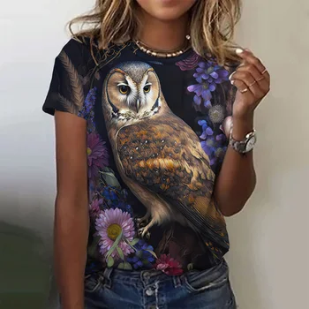 2023 Naujas 3D Mielas Pelėda Tapybos Modelis Atspausdintas T-shirt Moterims, Vasaros Laisvalaikio Apvalios Kaklo Top marškinėliai Drabužių Nuotrauka 4