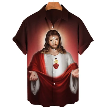 Dievas Jėzus Marija Havajų Marškinėliai Vyrams Nukryžiuotas Religijos 3D Spausdinimo Harajuku Atsitiktinis Trumpas Rankovės Mados Viršų Unisex Drabužiai Nuotrauka 5