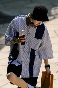 2023 Vasaros Japonų Stiliaus Vyrų Marškinėliai Street Dryžuotas Trumpomis Rankovėmis Kratinys Mados, Naujo Dizaino Minkšta Kišenės Nuotrauka 5