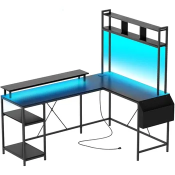 L Formos Kompiuterinių Žaidimų Stalas su LED Žibintai ir Elektros lizdų, 67