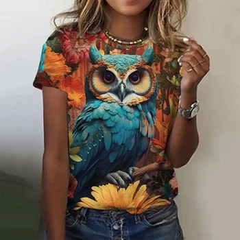 2023 Naujas 3D Mielas Pelėda Tapybos Modelis Atspausdintas T-shirt Moterims, Vasaros Laisvalaikio Apvalios Kaklo Top marškinėliai Drabužių Nuotrauka 5
