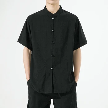 Kinų stiliaus Hanfu Pusė rankovėmis vyriški Marškiniai Aukštos kokybės Medvilnės Vasaros Marškinėliai Funkcijos Diskų Mygtuką Gryna Spalva Viršuje, vyriški Drabužiai Nuotrauka 0